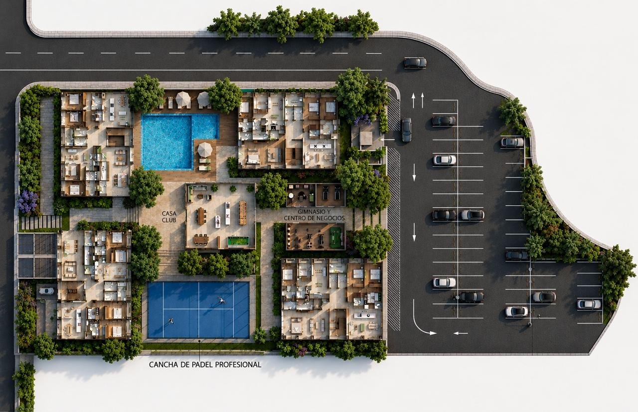 Vista aérea de un conjunto residencial con amenidades