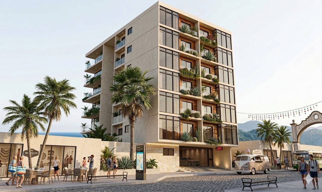 Edificio residencial con balcones y palmeras