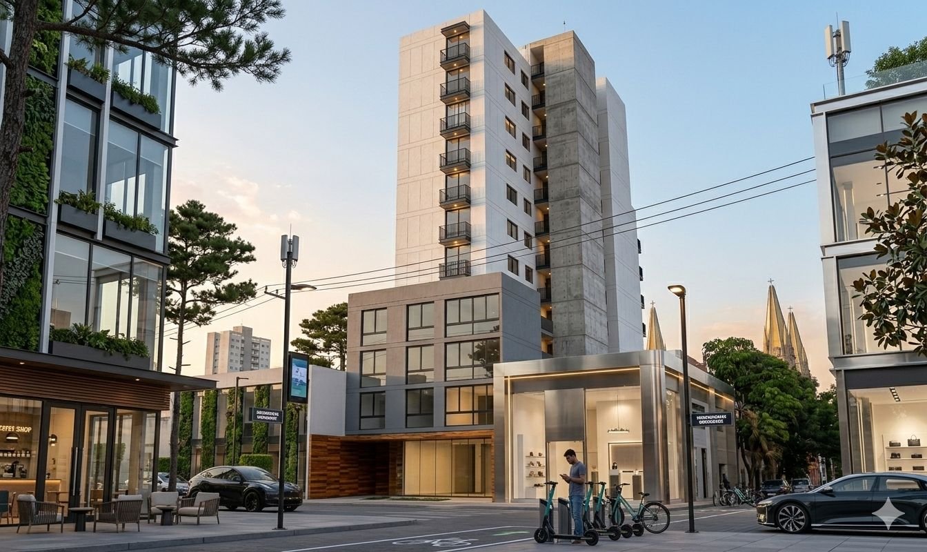 Torre contemporánea en una esquina urbana