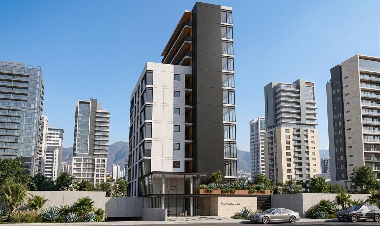 Torre residencial blanca integrada al perfil urbano