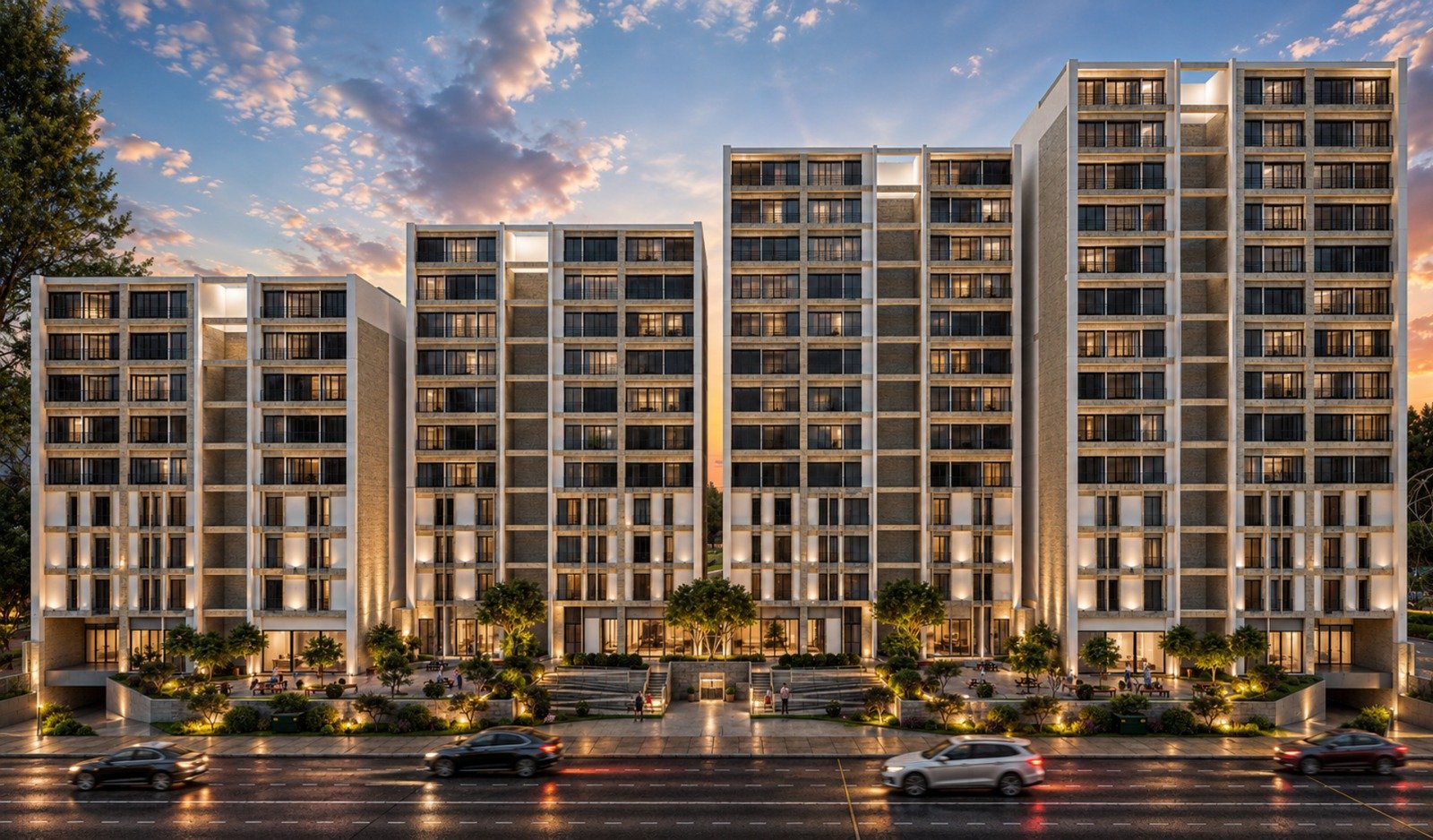 Conjunto residencial iluminado al atardecer